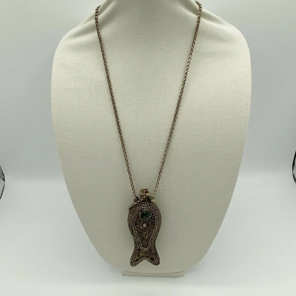 Vintage Metal Tibetan Filigree Perfume/Snuff Bottle Vial Fish Pendant Necklace - Picture 12 of 15